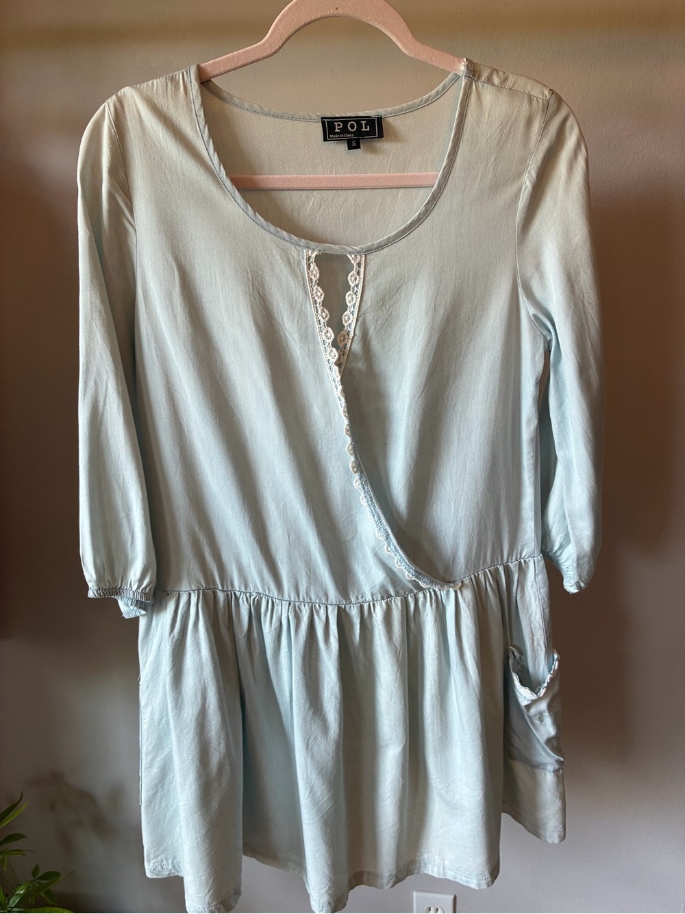 POL Light Blue Lace Trim Babydoll Tunic Top – Size Small